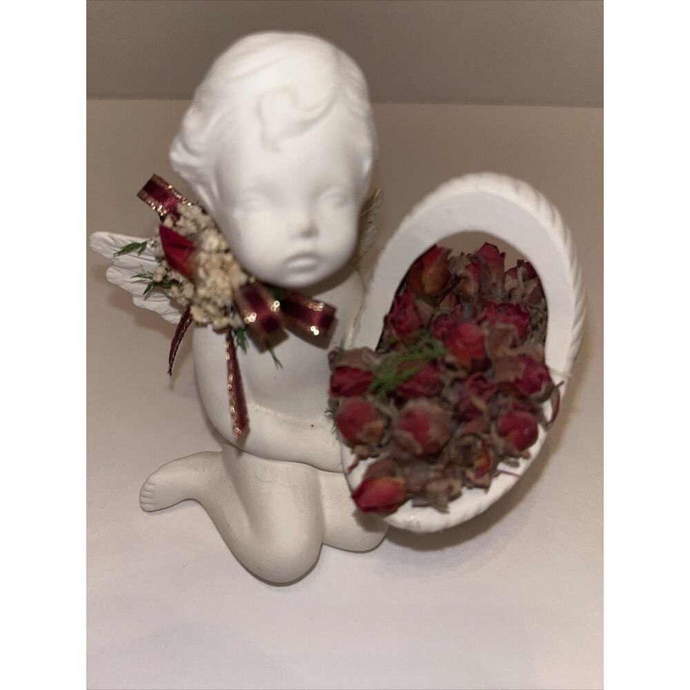 WHITE CHERUB ANGEL & BASKET FIGURINE Numbered unique